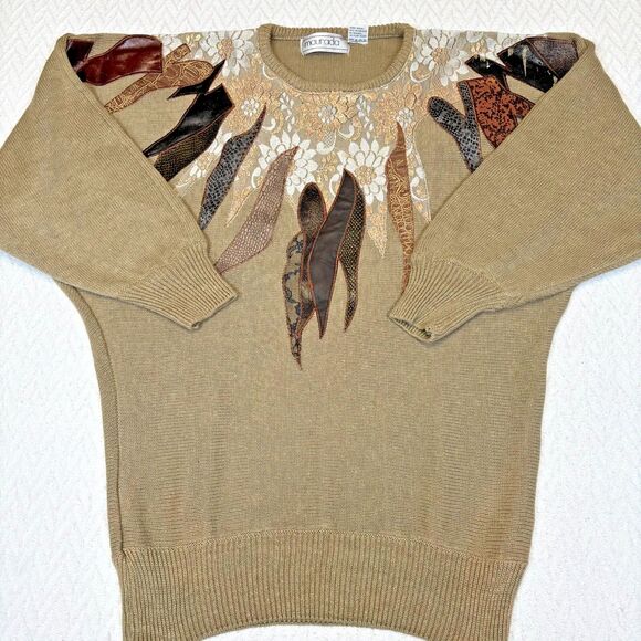 Maurada Womens Sweater Size L Brown Knit Floral Lace Flames Unique Pullover Vtg - Picture 1 of 9